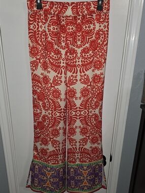 Cream and Red Printed Wide-Leg Pants